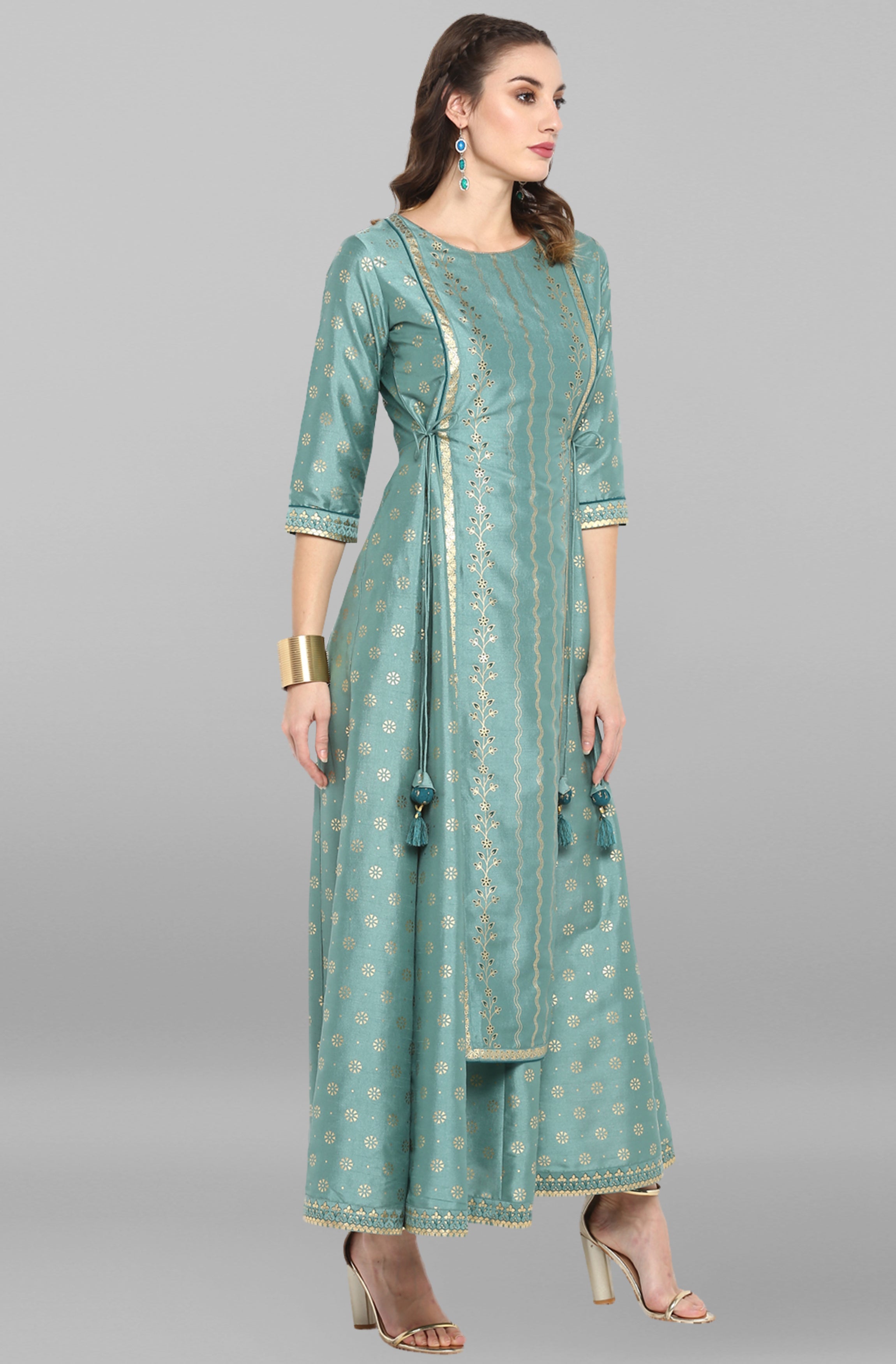 Janasya Green Rayon Crepe Foil Print Flared Ethnic Dress | Grocsy