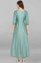Janasya Green Rayon Crepe Foil Print Flared Ethnic Dress | Grocsy
