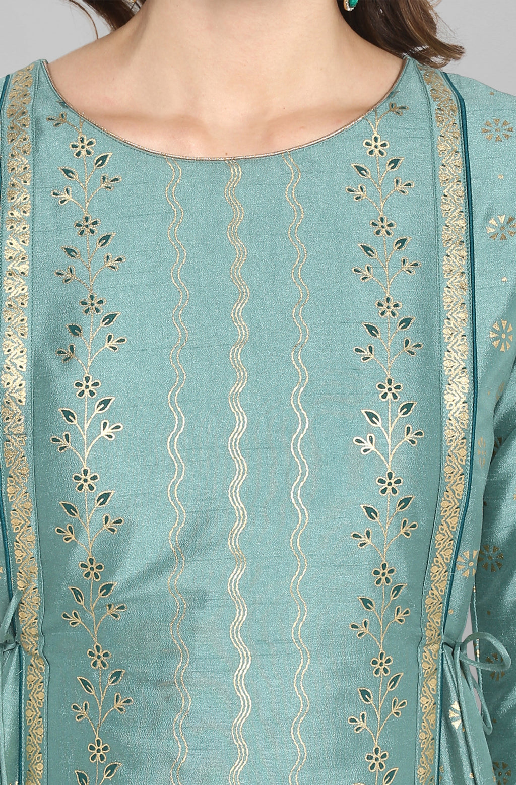 Janasya Green Rayon Crepe Foil Print Flared Ethnic Dress | Grocsy