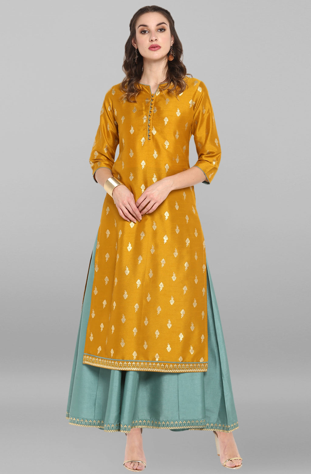 Janasya Light Green Poly Silk Gold Print Anarkali Ethnic Dress | Grocsy