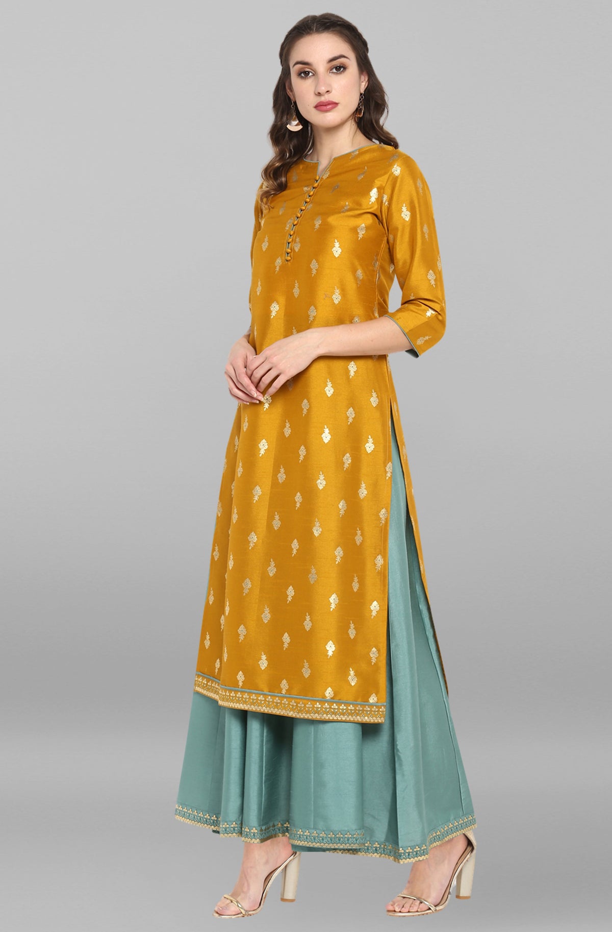 Janasya Light Green Poly Silk Gold Print Anarkali Ethnic Dress | Grocsy