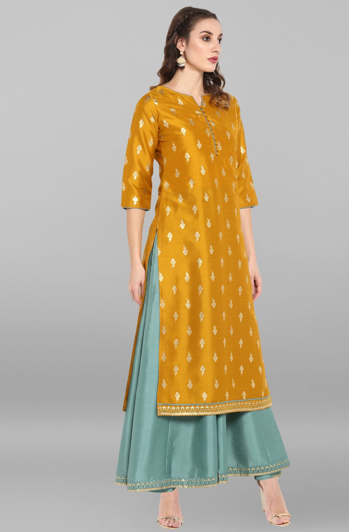Janasya Light Green Poly Silk Gold Print Anarkali Ethnic Dress | Grocsy