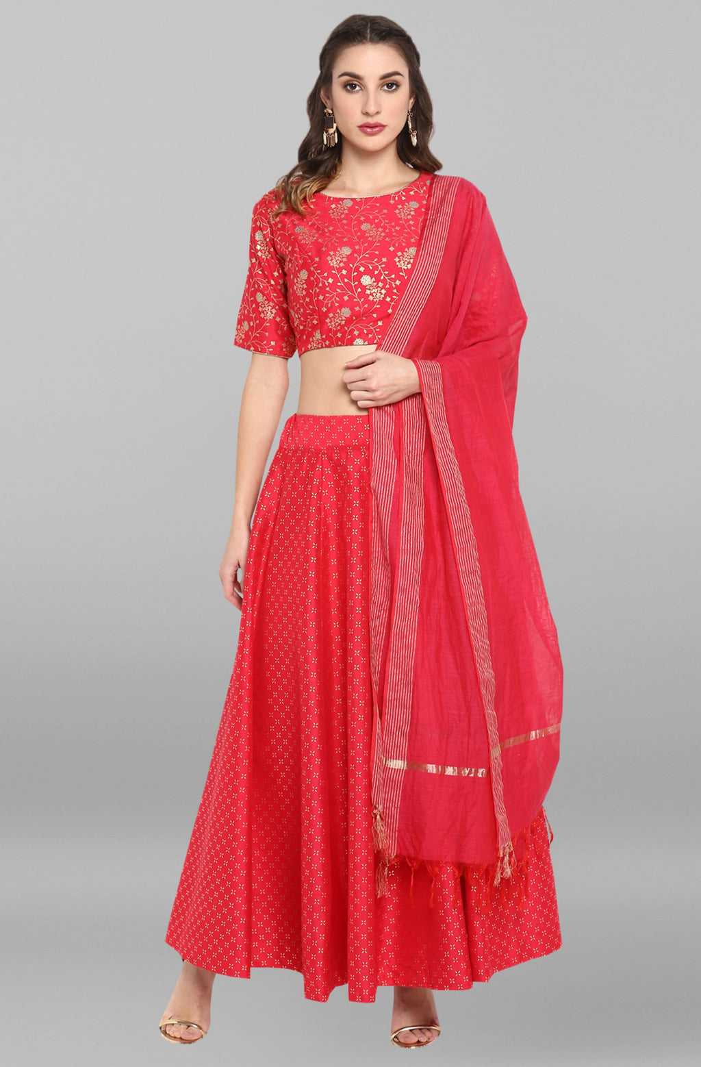 Janasya Women's Pink Poly Silk Gold Print Lehenga Choli With Dupatta | Grocsy