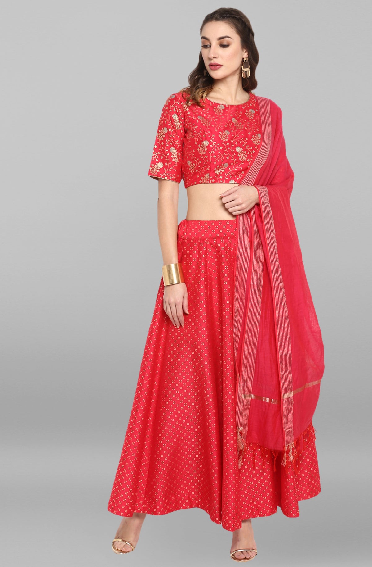 Janasya Women's Pink Poly Silk Gold Print Lehenga Choli With Dupatta | Grocsy