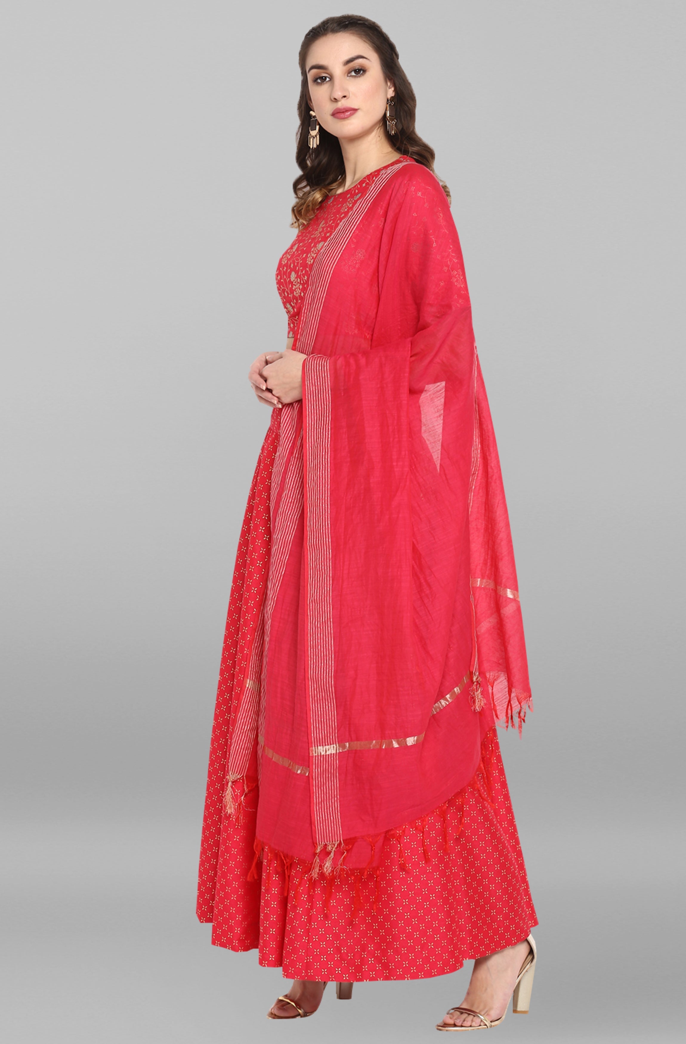 Janasya Women's Pink Poly Silk Gold Print Lehenga Choli With Dupatta | Grocsy