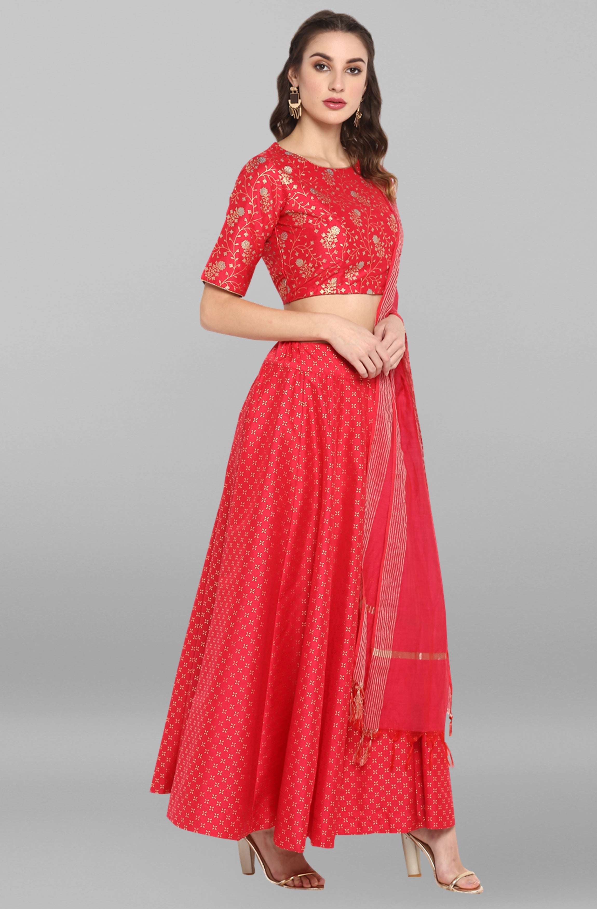 Janasya Women's Pink Poly Silk Gold Print Lehenga Choli With Dupatta | Grocsy