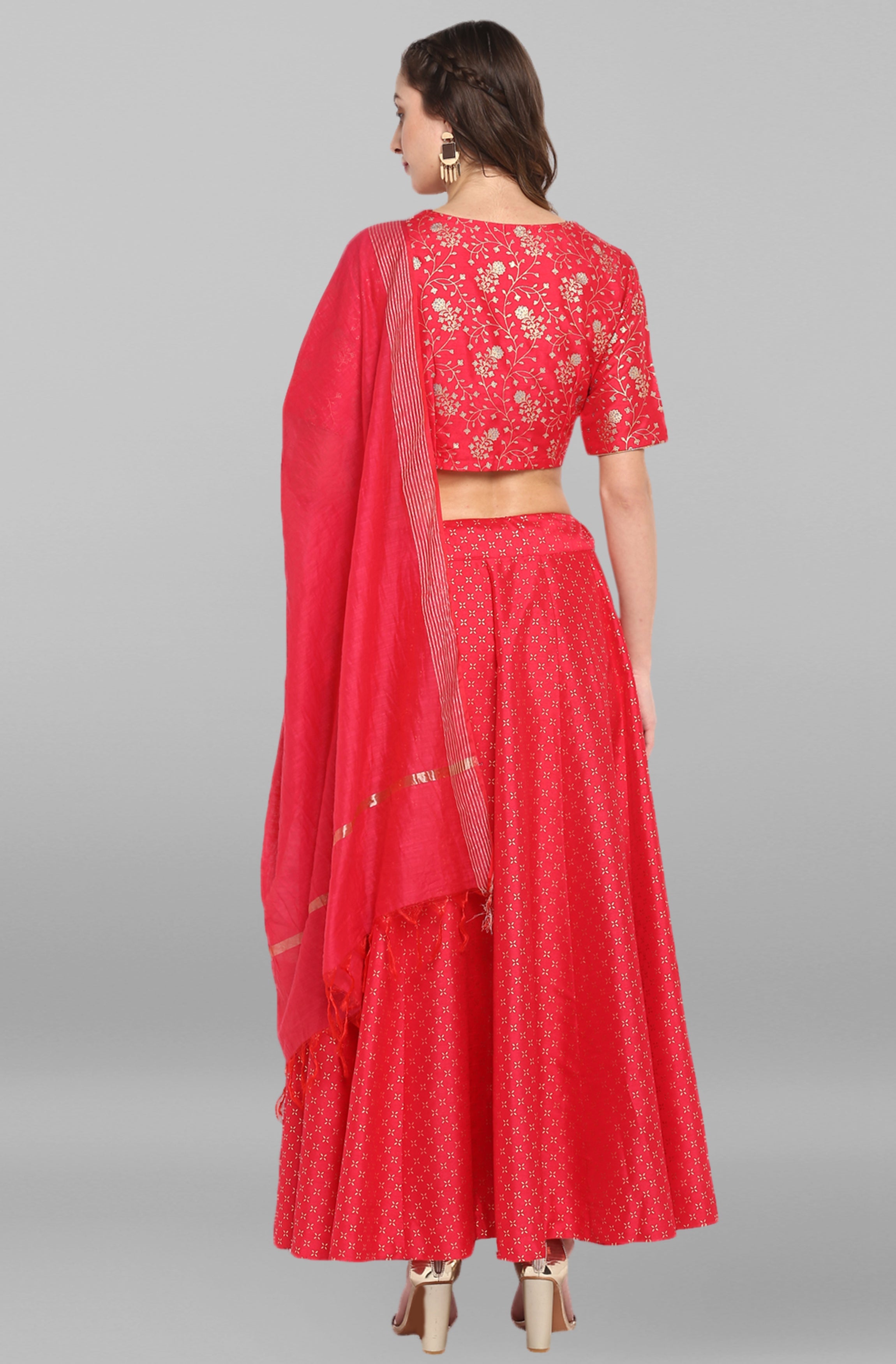 Janasya Women's Pink Poly Silk Gold Print Lehenga Choli With Dupatta | Grocsy