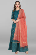 Janasya Women's Peacock Green Poly Silk Gold Print Kurta With Palazzo And Dupatta | Grocsy