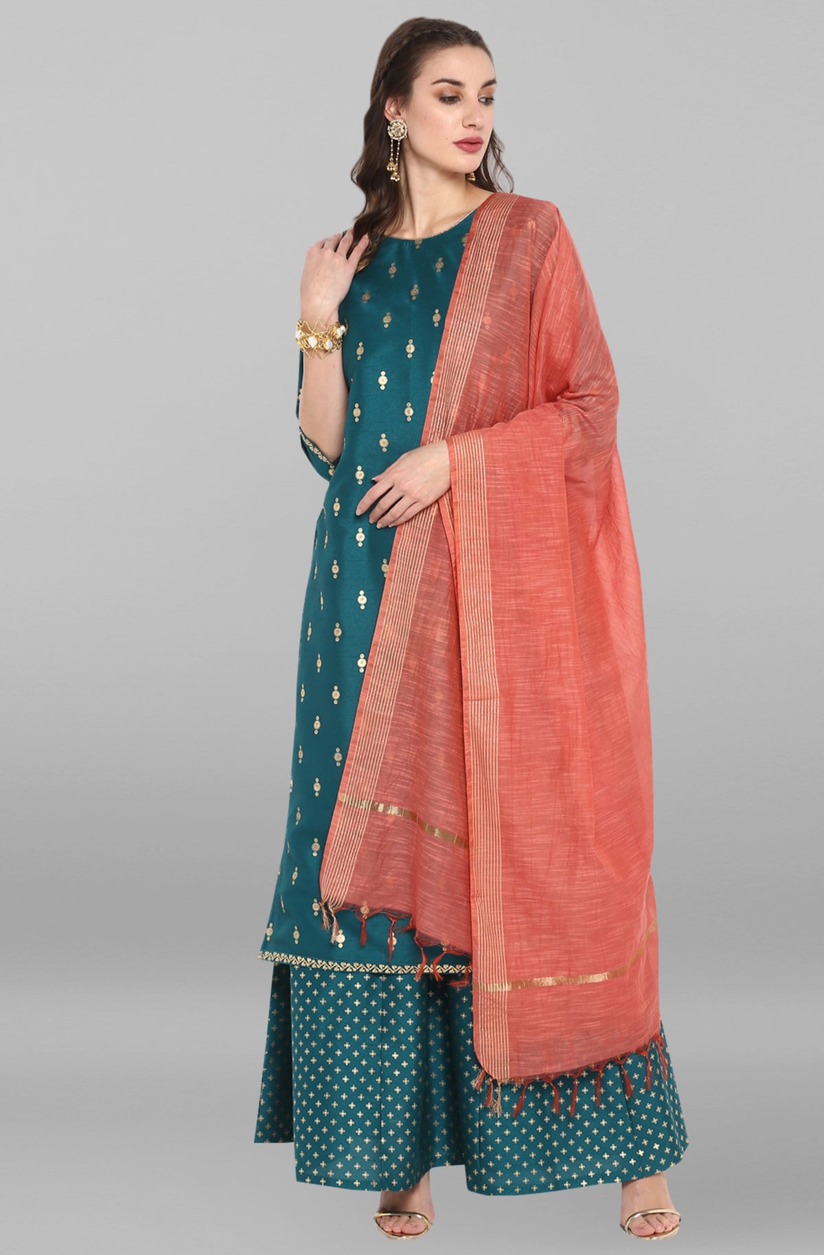 Janasya Women's Peacock Green Poly Silk Gold Print Kurta With Palazzo And Dupatta | Grocsy