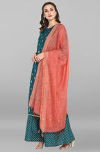 Janasya Women's Peacock Green Poly Silk Gold Print Kurta With Palazzo And Dupatta | Grocsy