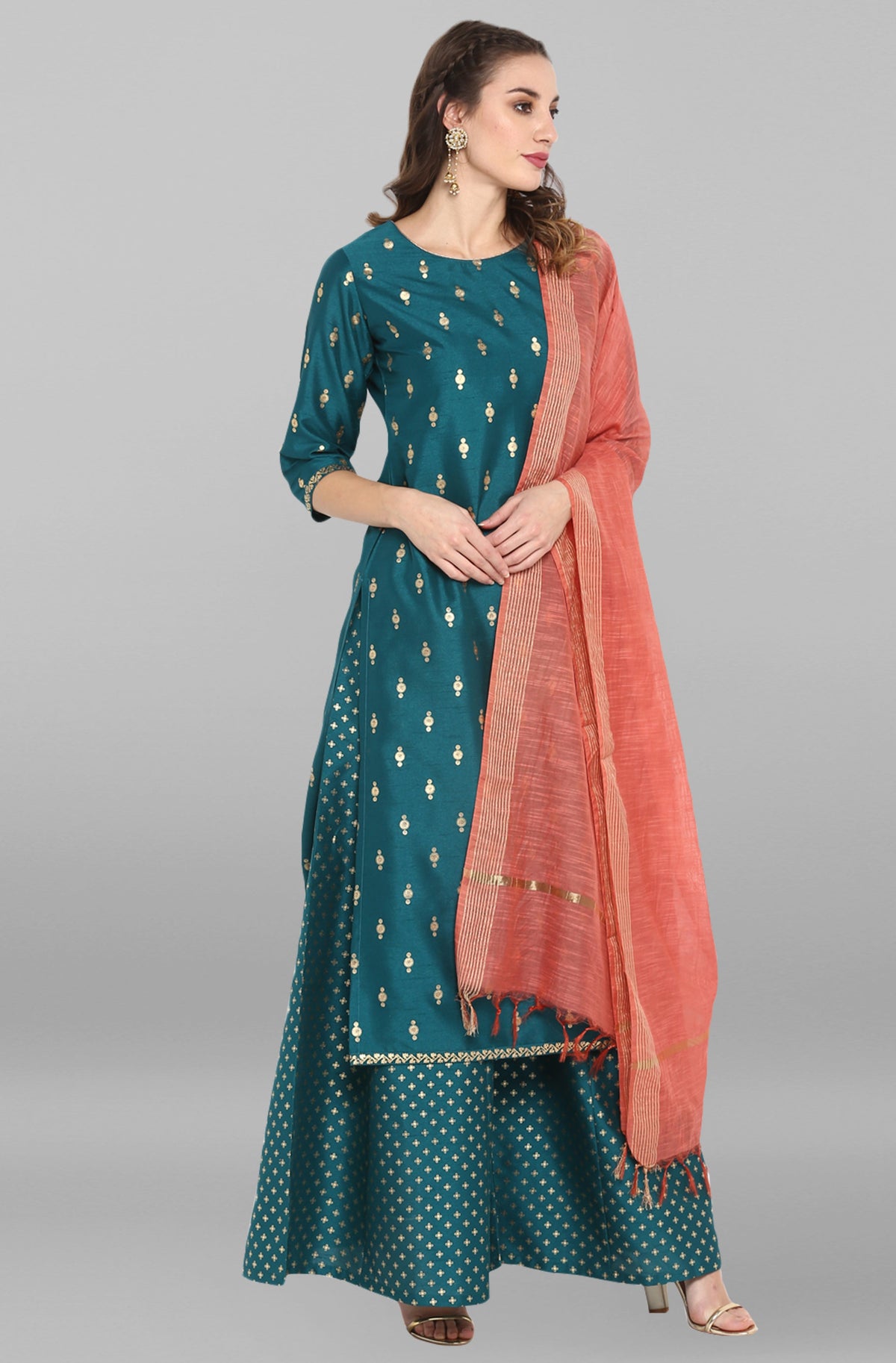 Janasya Women's Peacock Green Poly Silk Gold Print Kurta With Palazzo And Dupatta | Grocsy