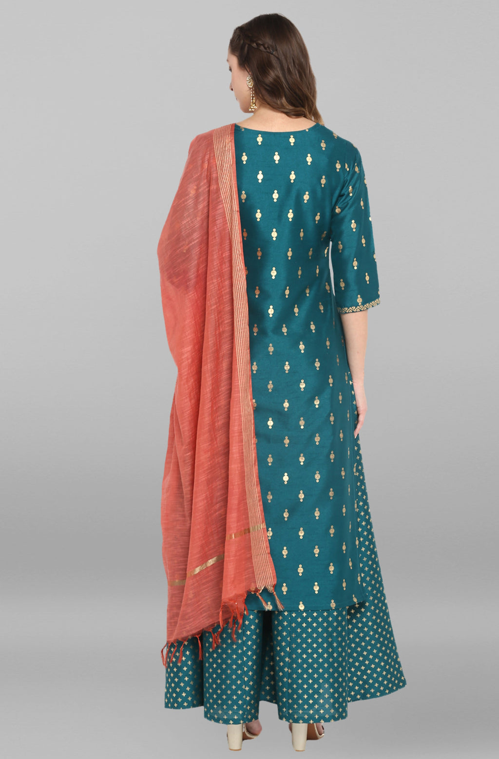 Janasya Women's Peacock Green Poly Silk Gold Print Kurta With Palazzo And Dupatta | Grocsy