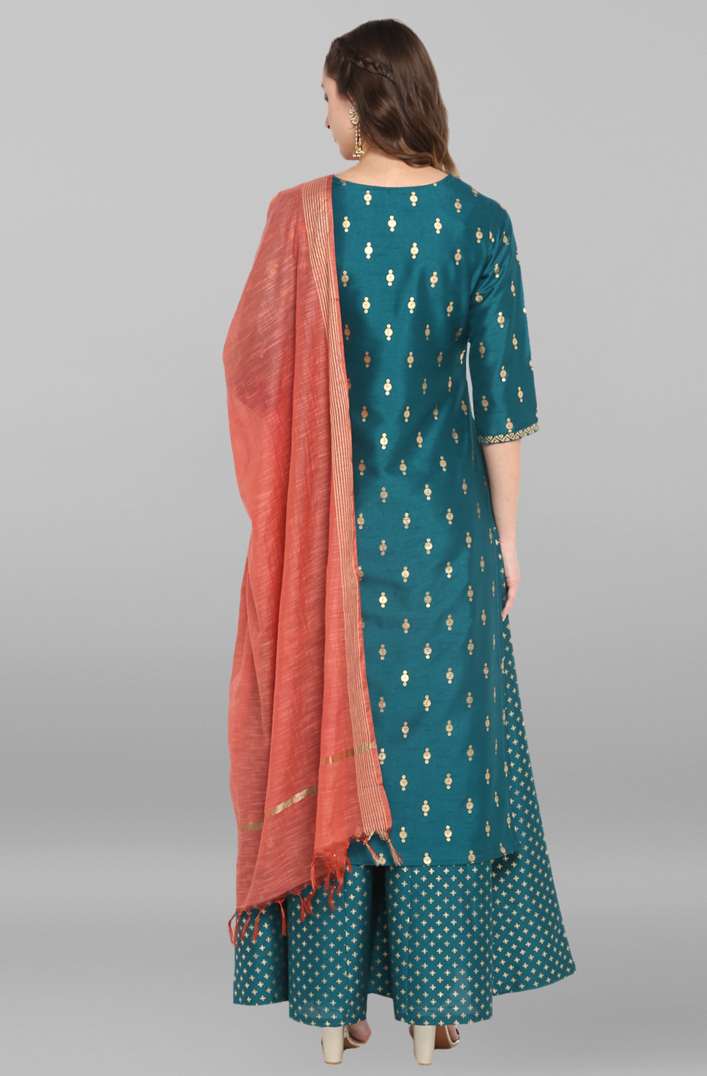 Janasya Women's Peacock Green Poly Silk Gold Print Kurta With Palazzo And Dupatta | Grocsy
