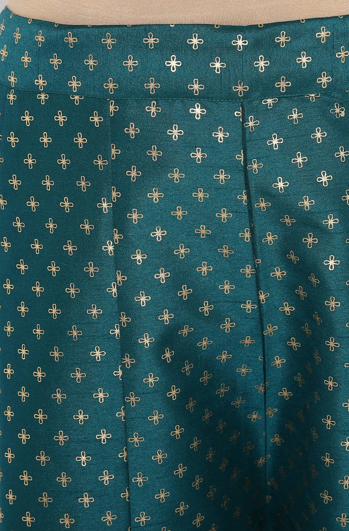 Janasya Women's Peacock Green Poly Silk Gold Print Kurta With Palazzo And Dupatta | Grocsy
