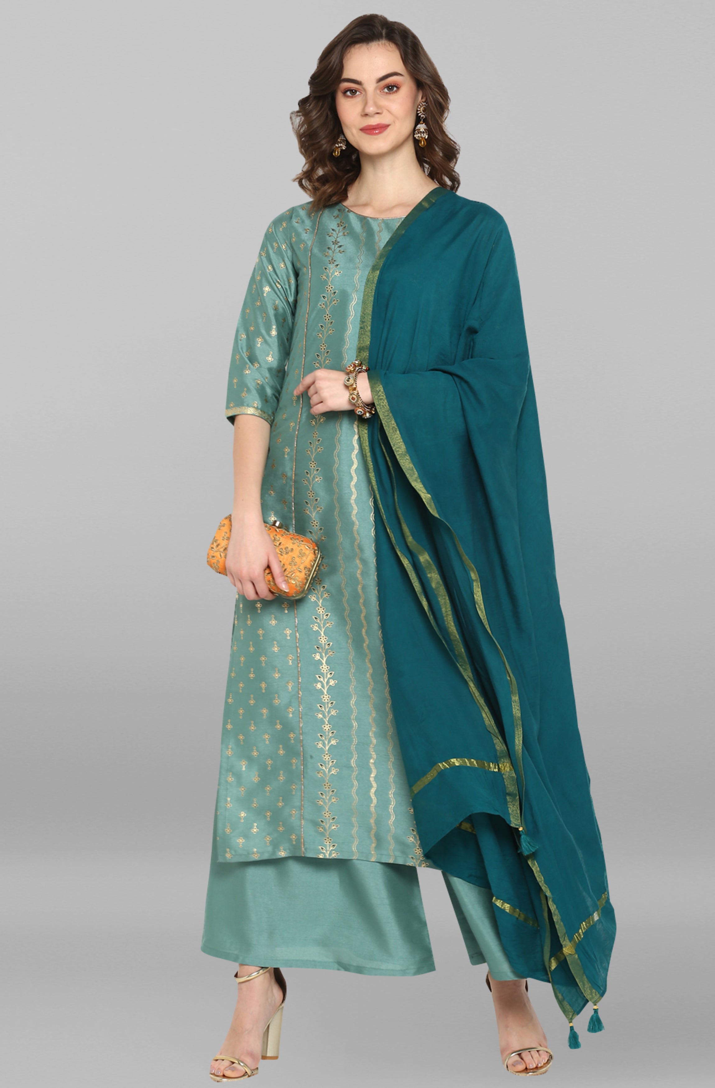 Janasya Women's Light Green Poly Silk Floral Print Kurta With Palazzo And Dupatta | Grocsy