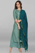 Janasya Women's Light Green Poly Silk Floral Print Kurta With Palazzo And Dupatta | Grocsy