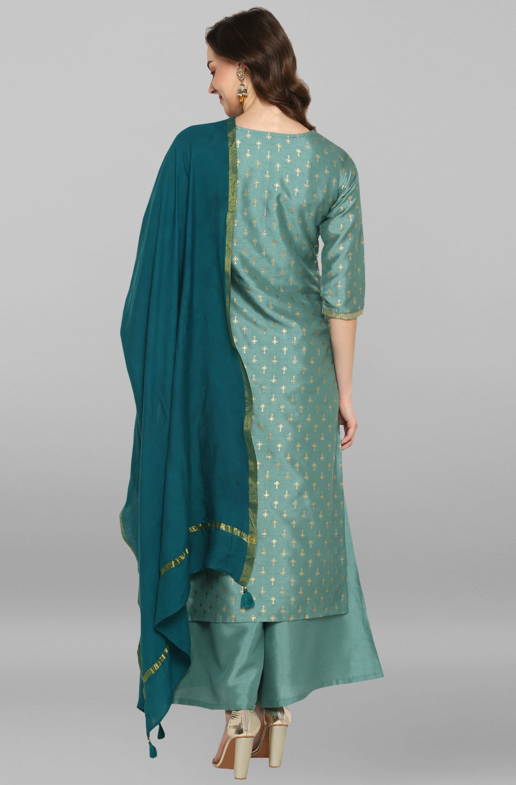 Janasya Women's Light Green Poly Silk Floral Print Kurta With Palazzo And Dupatta | Grocsy