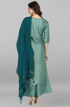 Janasya Women's Light Green Poly Silk Floral Print Kurta With Palazzo And Dupatta | Grocsy