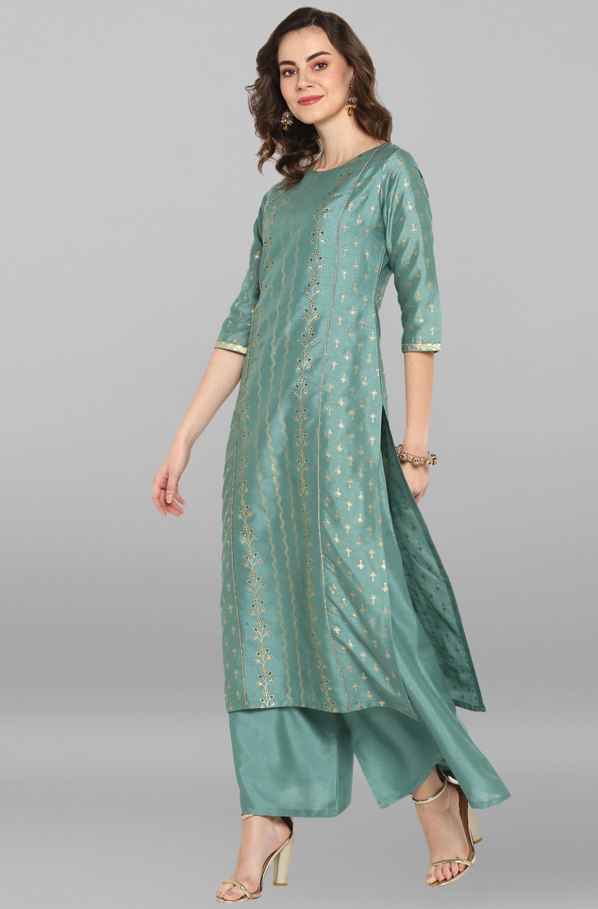Janasya Women's Light Green Poly Silk Floral Print Kurta With Palazzo And Dupatta | Grocsy