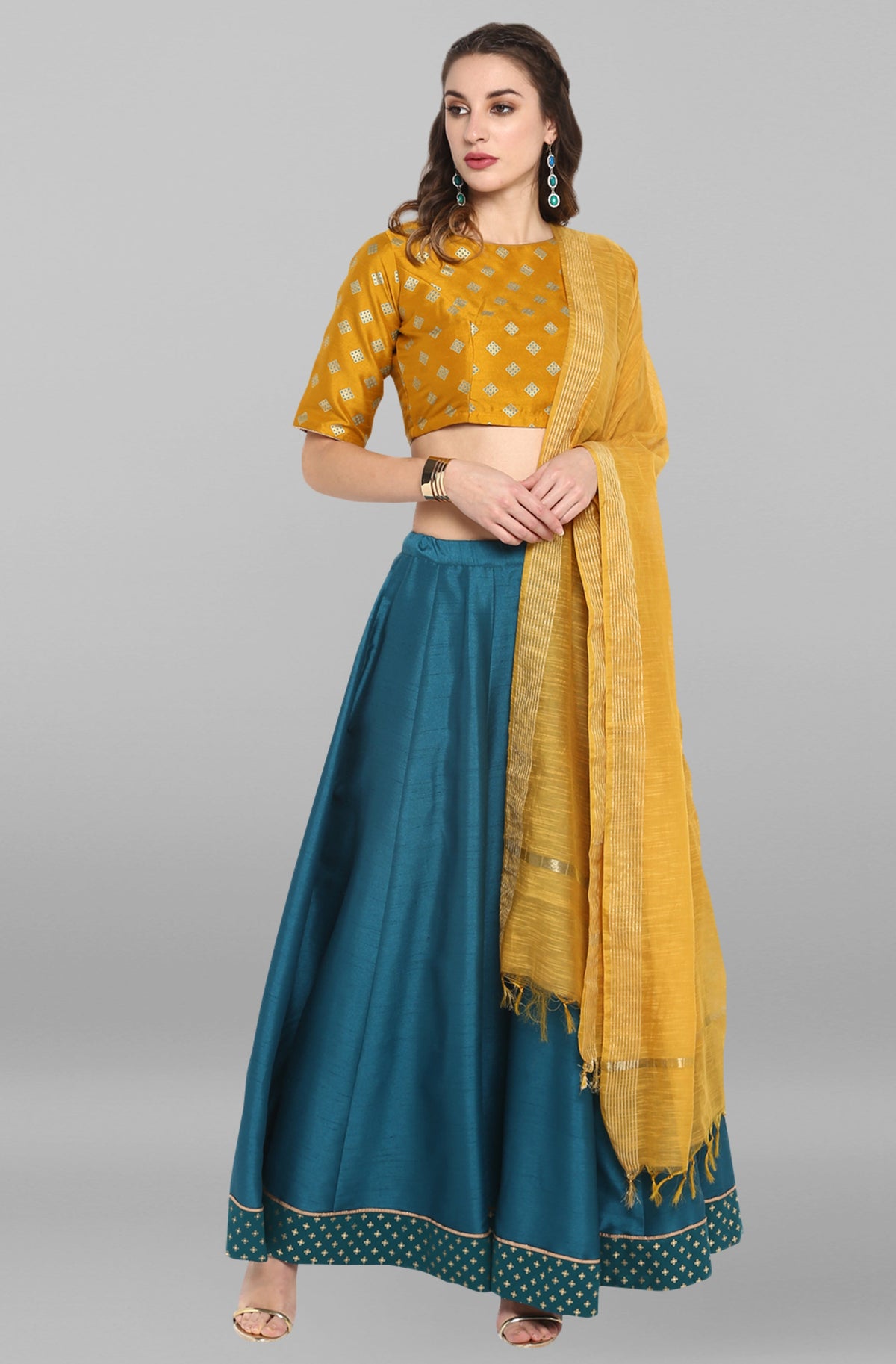 Janasya Women's Mustard Poly Silk Gold Print Lehenga Choli With Dupatta | Grocsy