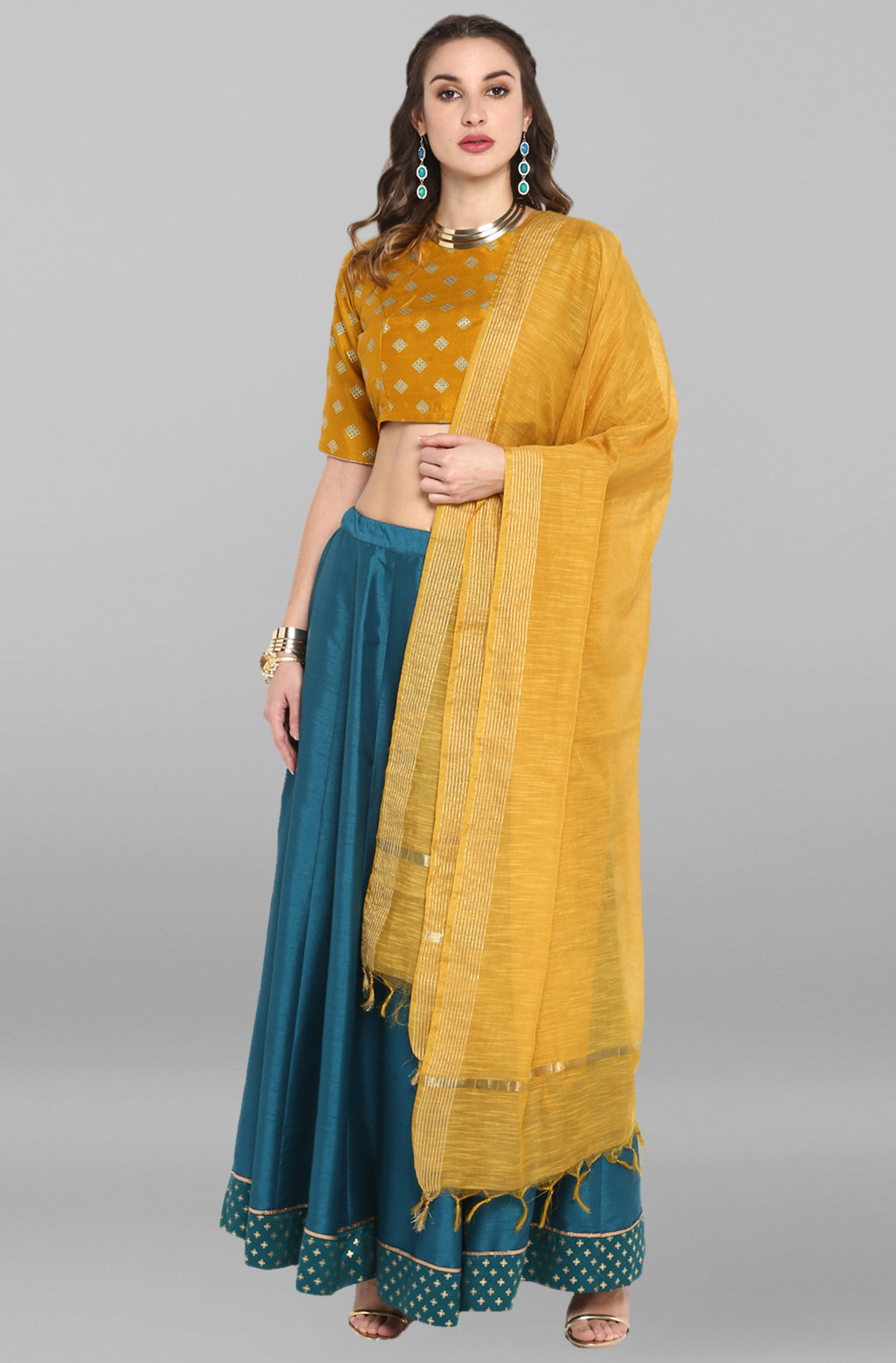 Janasya Women's Mustard Poly Silk Gold Print Lehenga Choli With Dupatta | Grocsy