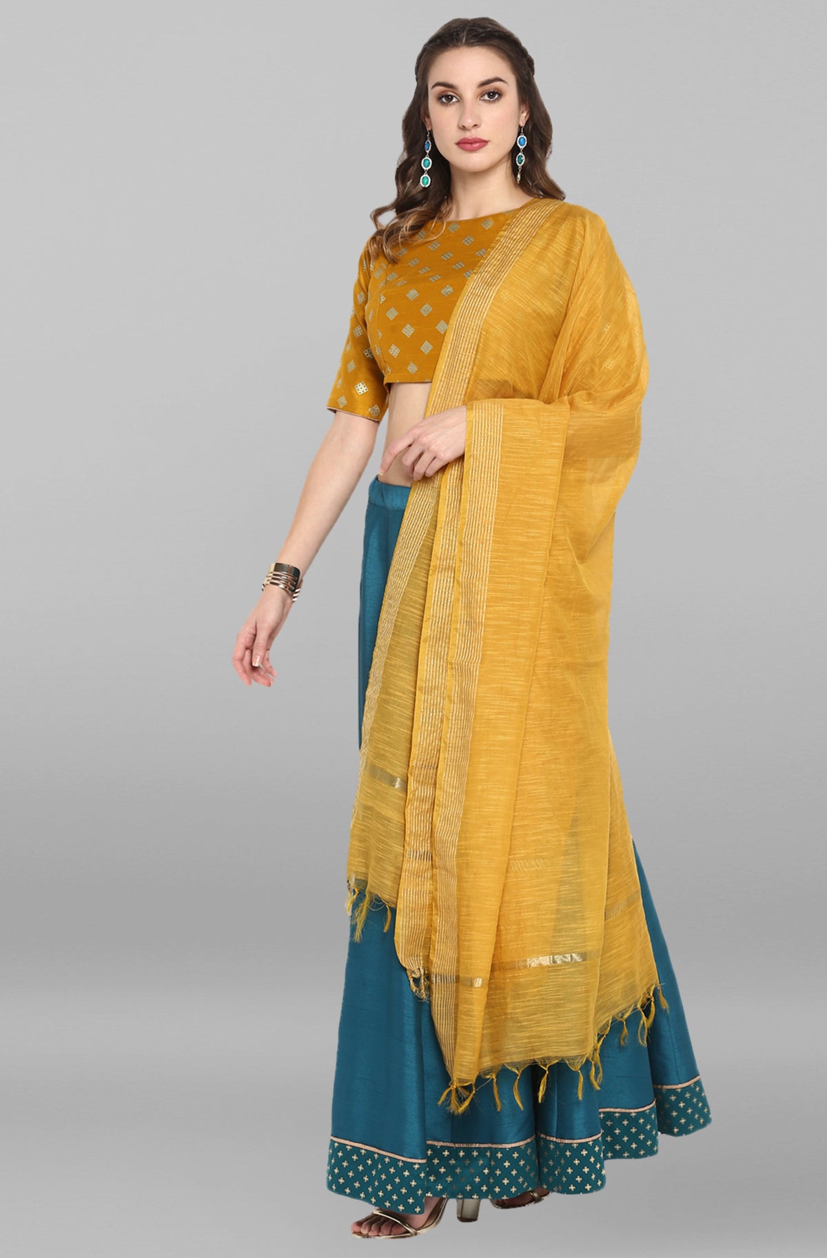 Janasya Women's Mustard Poly Silk Gold Print Lehenga Choli With Dupatta | Grocsy