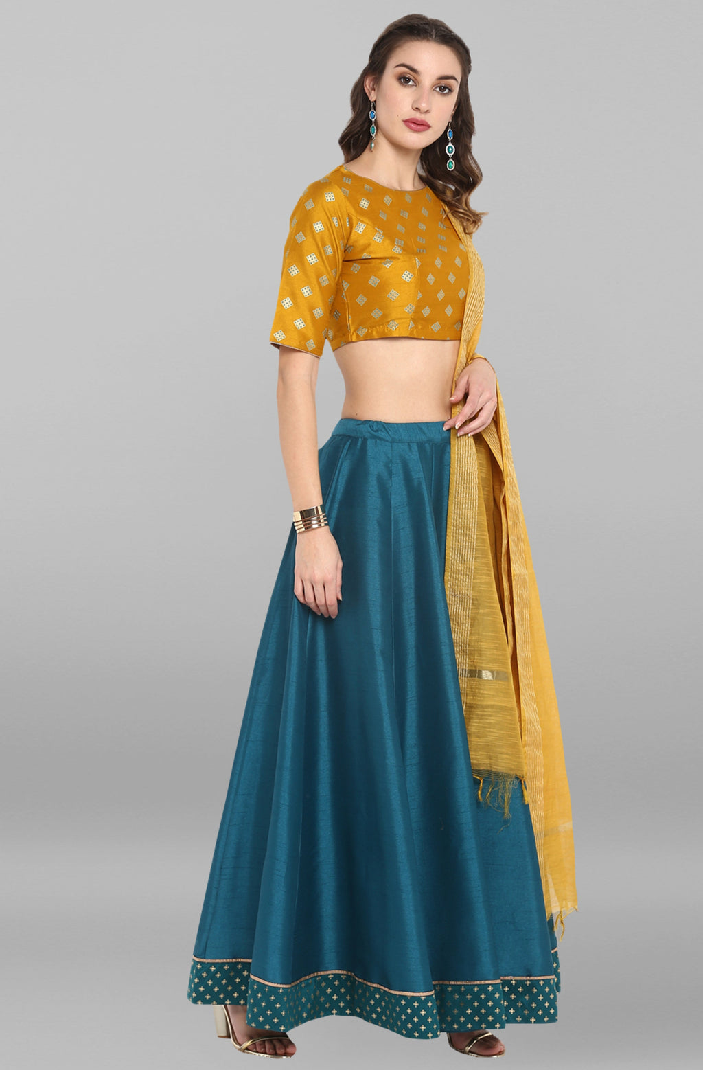 Janasya Women's Mustard Poly Silk Gold Print Lehenga Choli With Dupatta | Grocsy