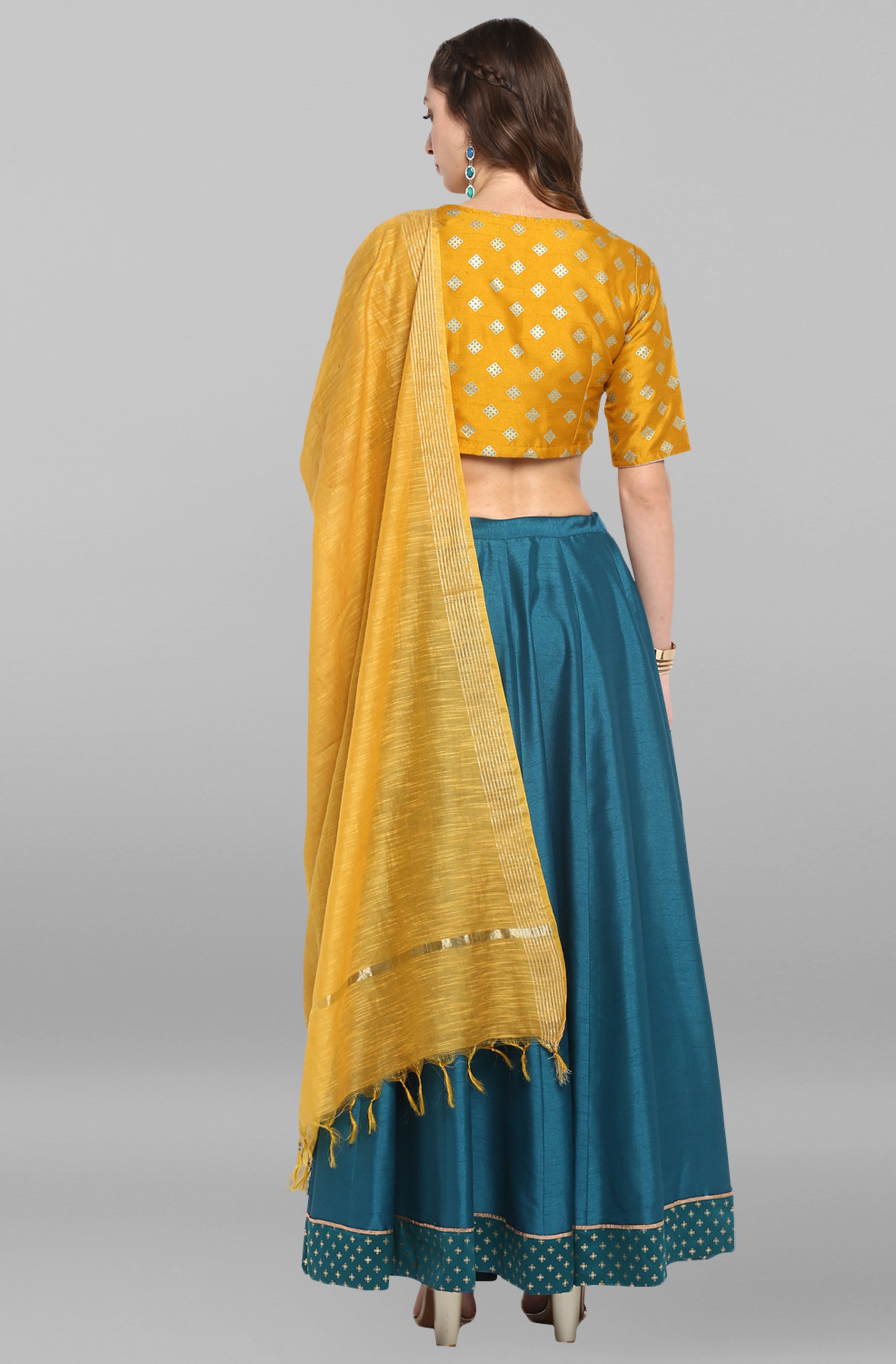 Janasya Women's Mustard Poly Silk Gold Print Lehenga Choli With Dupatta | Grocsy