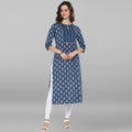 Janasya Blue Cotton Block Print Straight kurta | Grocsy
