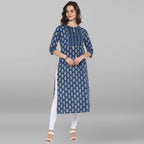 Janasya Blue Cotton Block Print Straight kurta | Grocsy