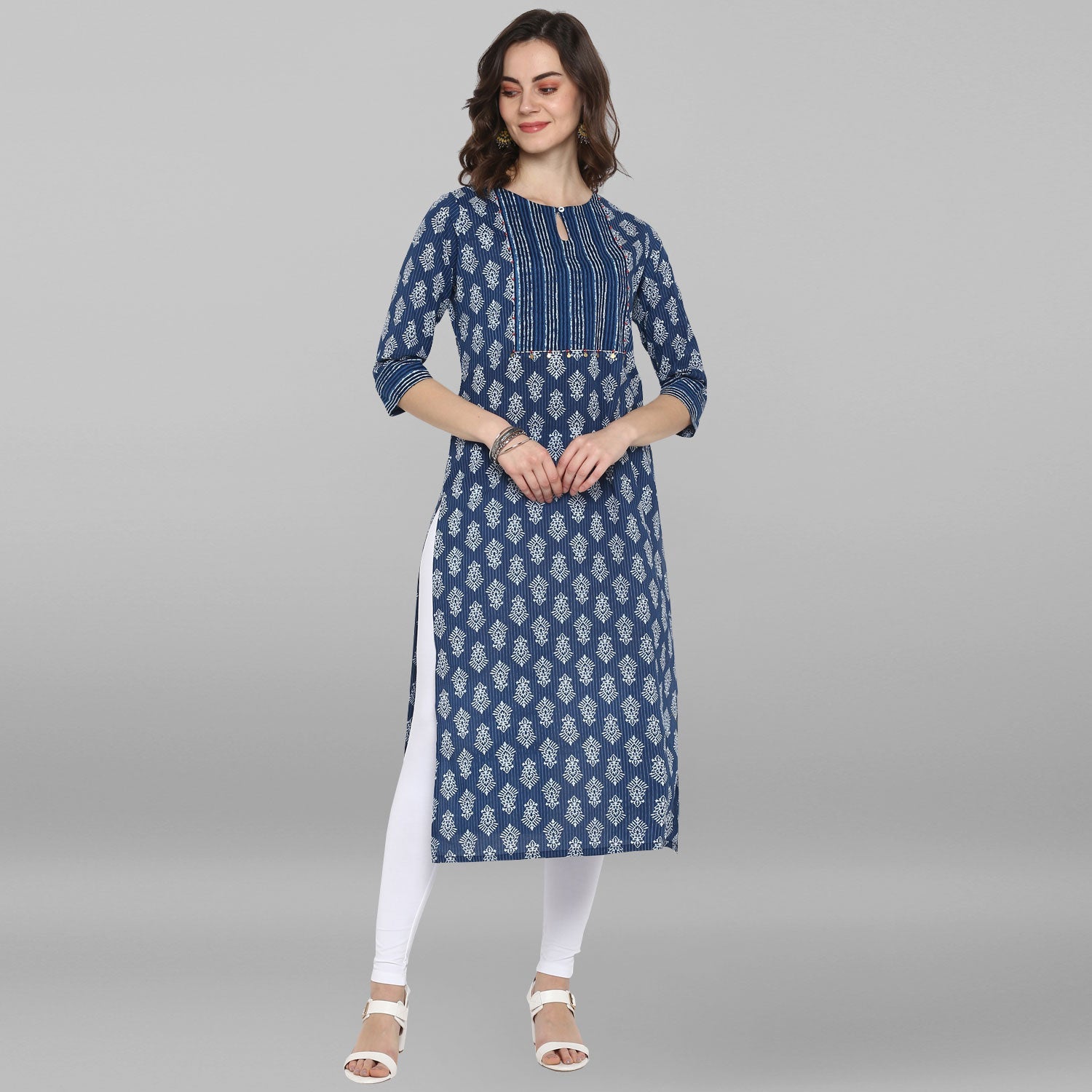 Janasya Blue Cotton Block Print Straight kurta | Grocsy