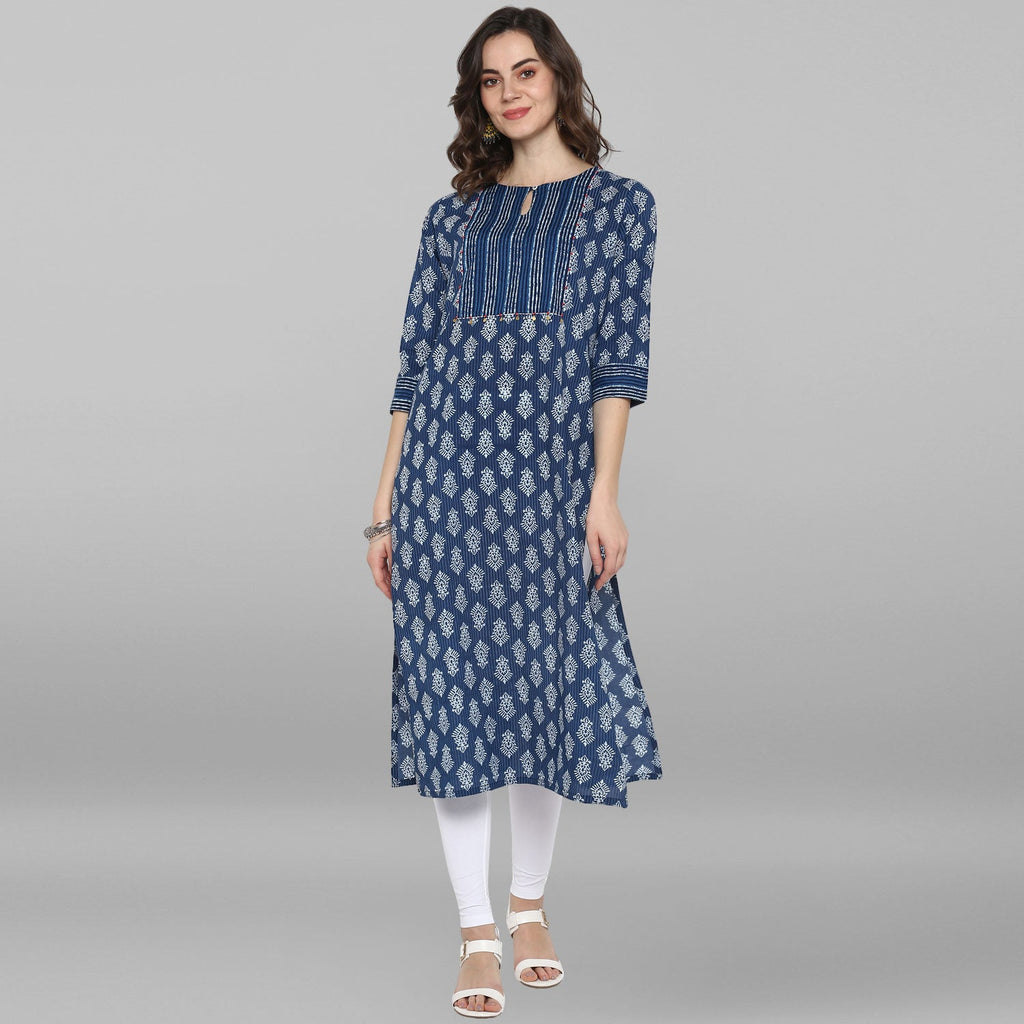 Janasya Blue Cotton Block Print Straight kurta | Grocsy
