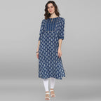 Janasya Blue Cotton Block Print Straight kurta | Grocsy