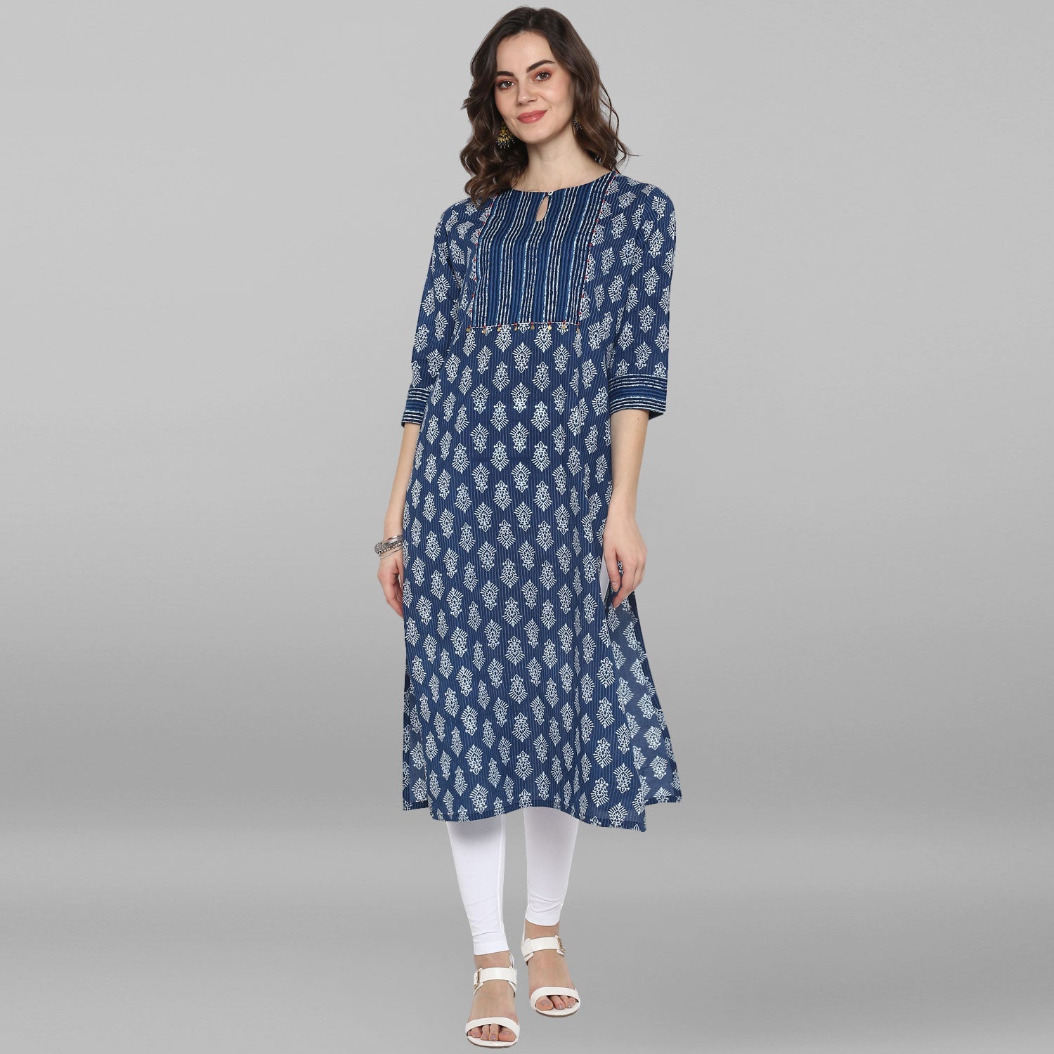 Janasya Blue Cotton Block Print Straight kurta | Grocsy