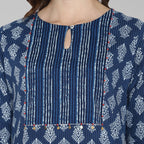 Janasya Blue Cotton Block Print Straight kurta | Grocsy