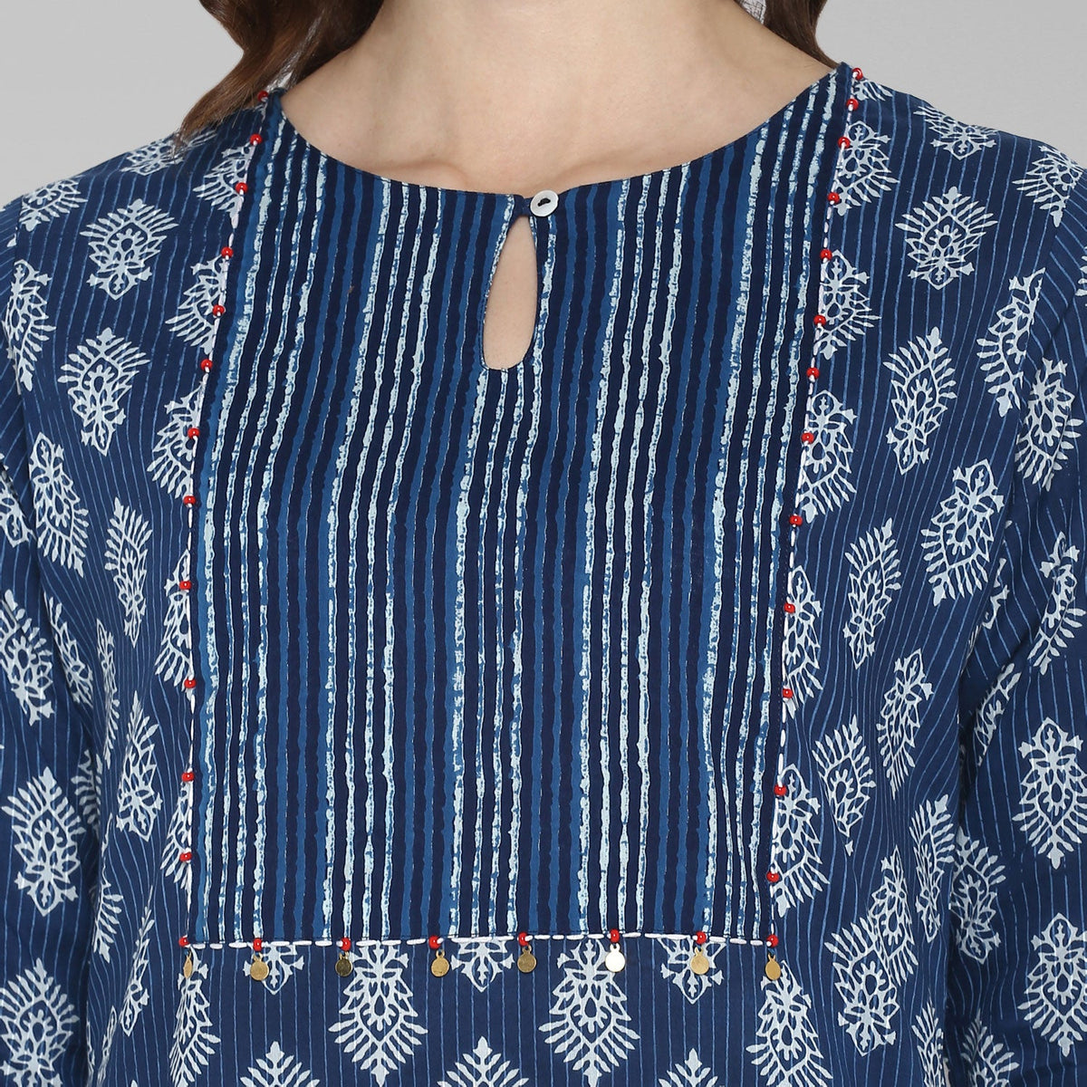 Janasya Blue Cotton Block Print Straight kurta | Grocsy