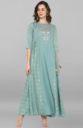 Janasya Women's Green Rayon Embroidered Flared Ethnic Dress | Grocsy