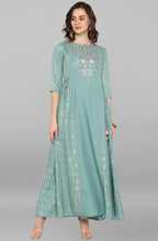 Janasya Women's Green Rayon Embroidered Flared Ethnic Dress | Grocsy