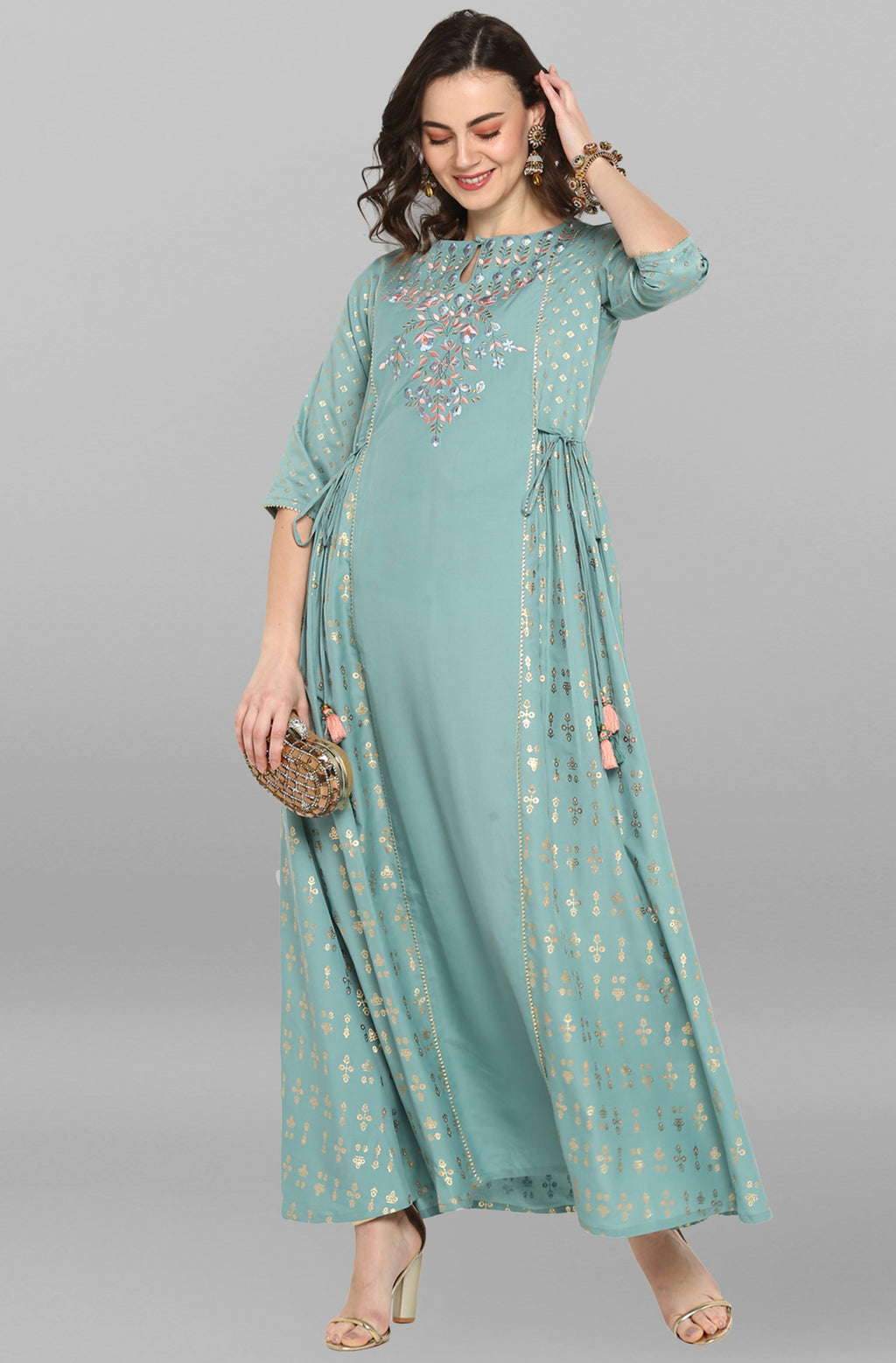 Janasya Women's Green Rayon Embroidered Flared Ethnic Dress | Grocsy