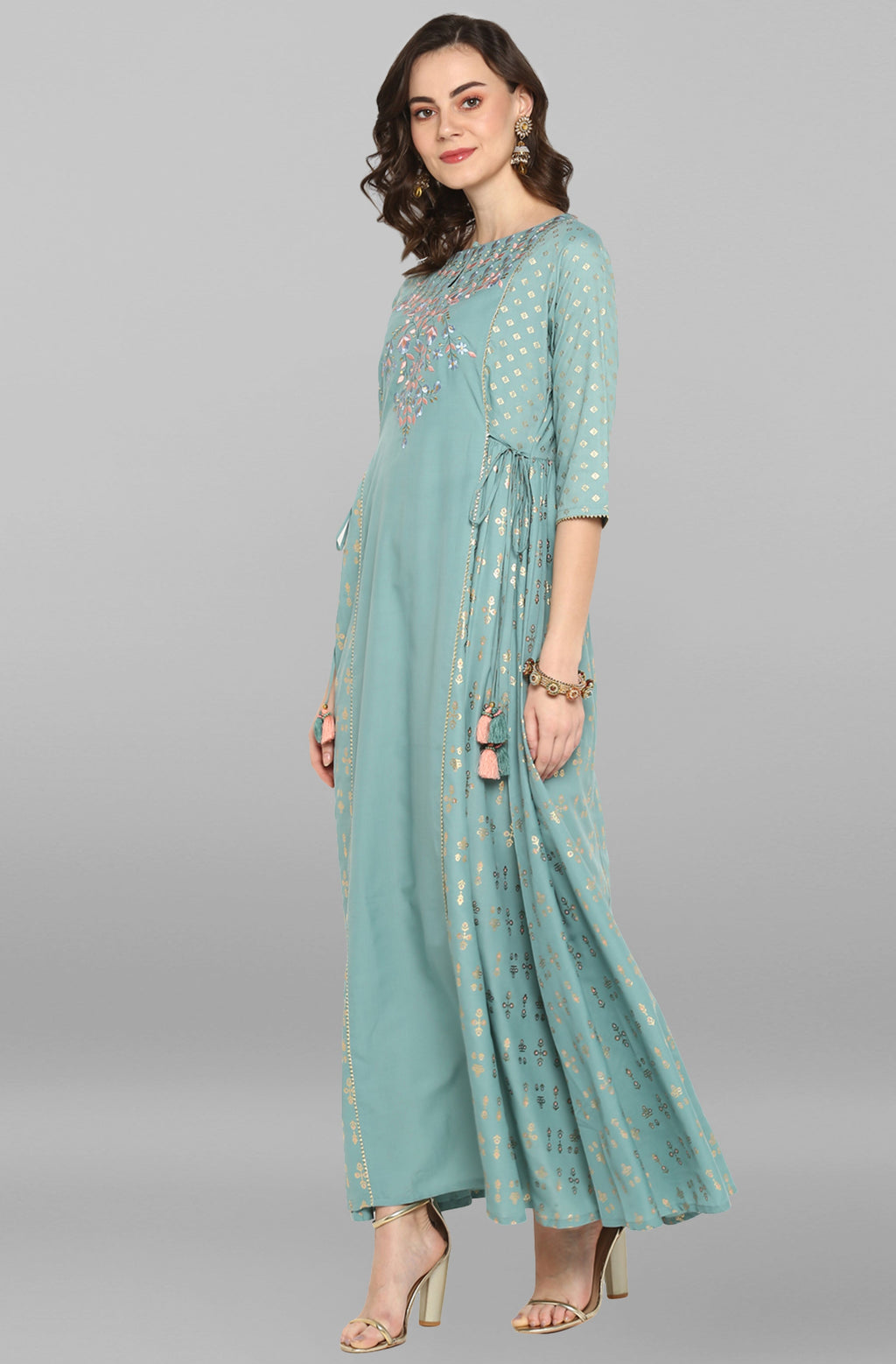 Janasya Women's Green Rayon Embroidered Flared Ethnic Dress | Grocsy