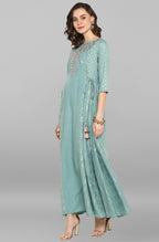 Janasya Women's Green Rayon Embroidered Flared Ethnic Dress | Grocsy