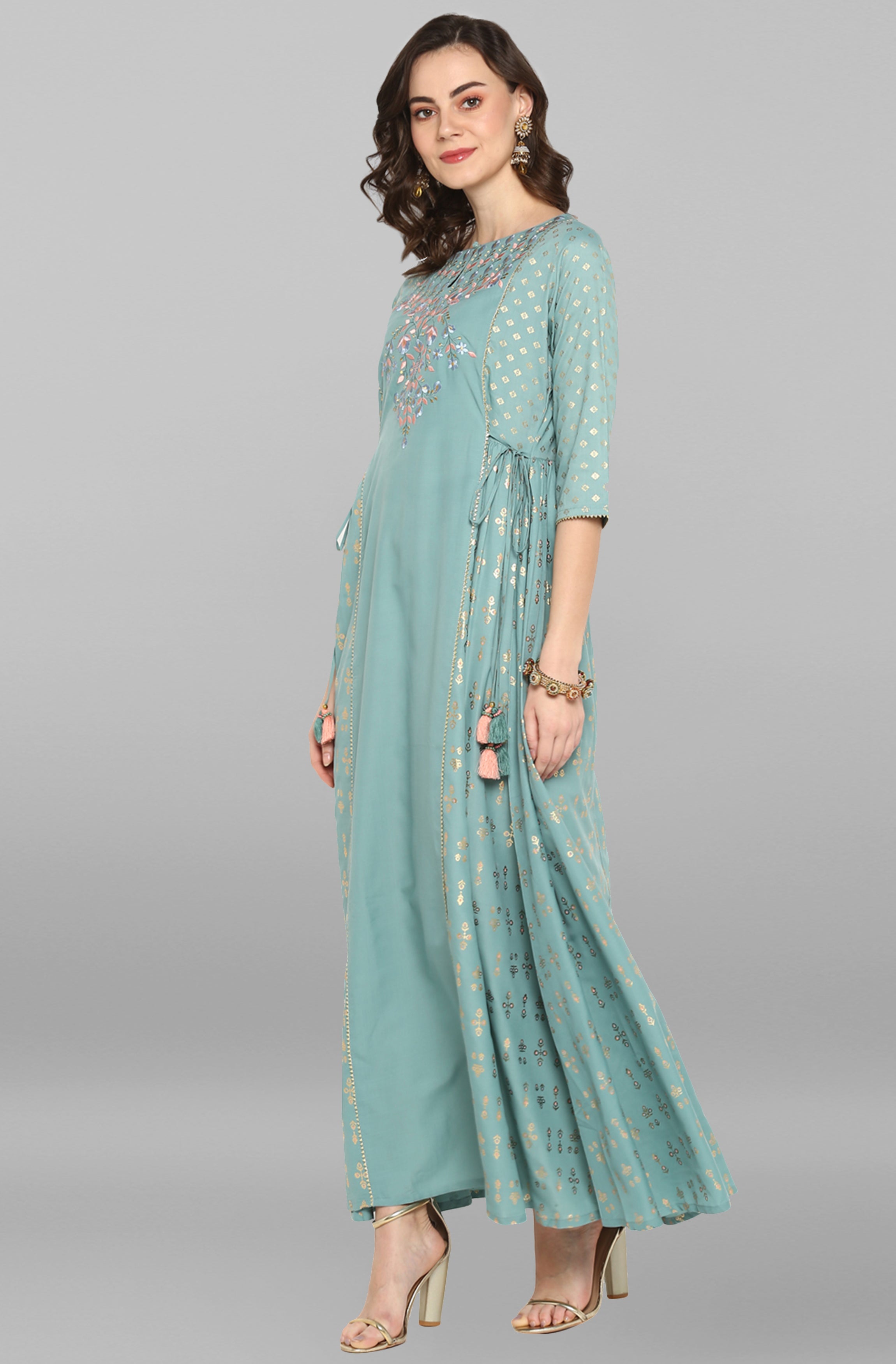 Janasya Women's Green Rayon Embroidered Flared Ethnic Dress | Grocsy