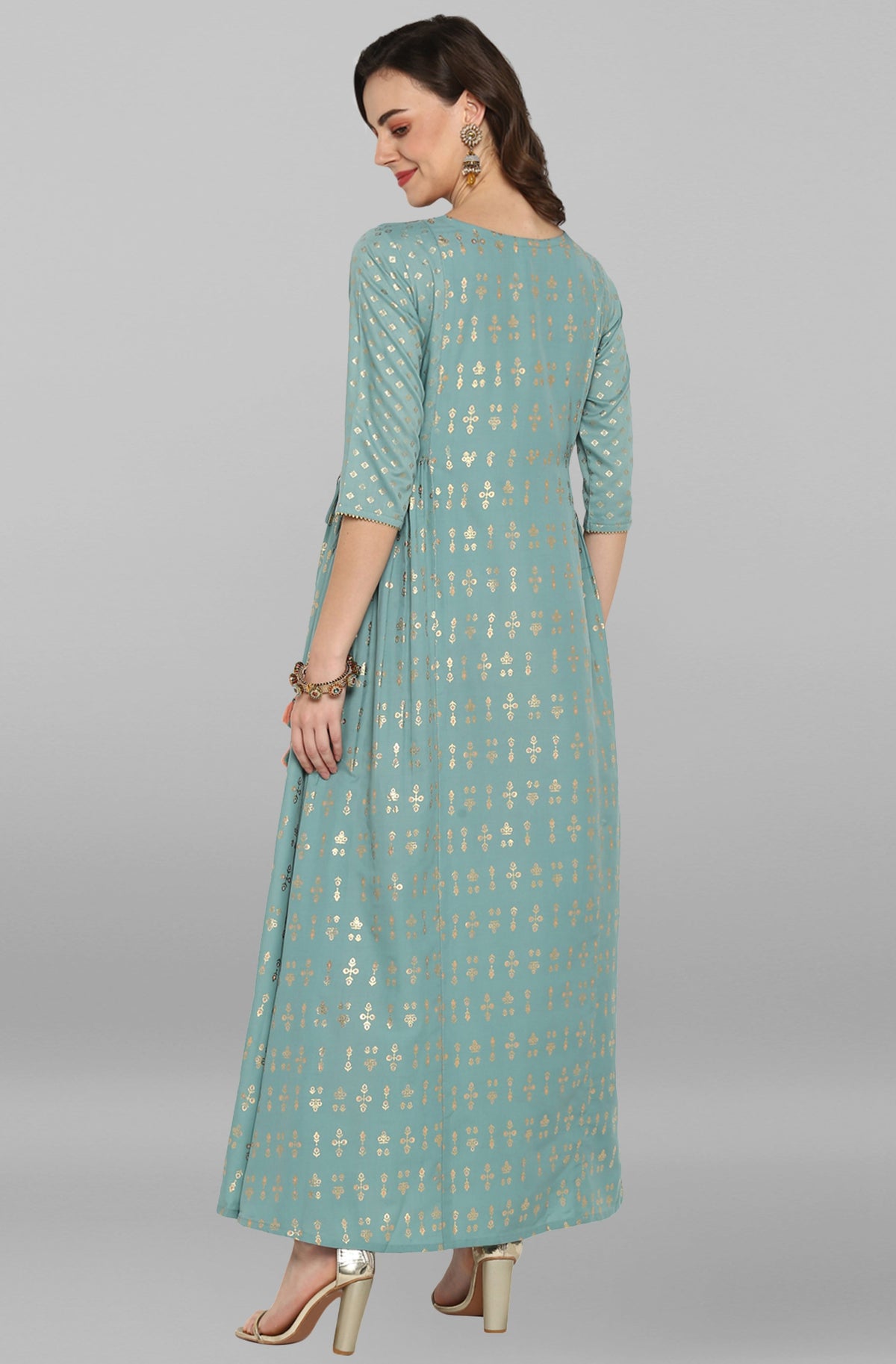 Janasya Women's Green Rayon Embroidered Flared Ethnic Dress | Grocsy