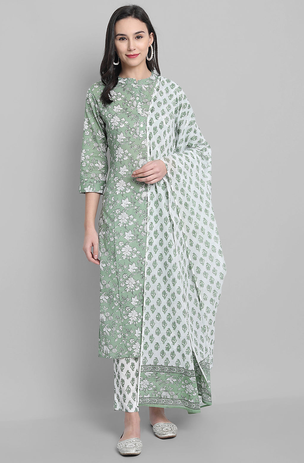 Janasya Women's Light Green Cotton Floral Print Kurta With Pant And Dupatta | Grocsy