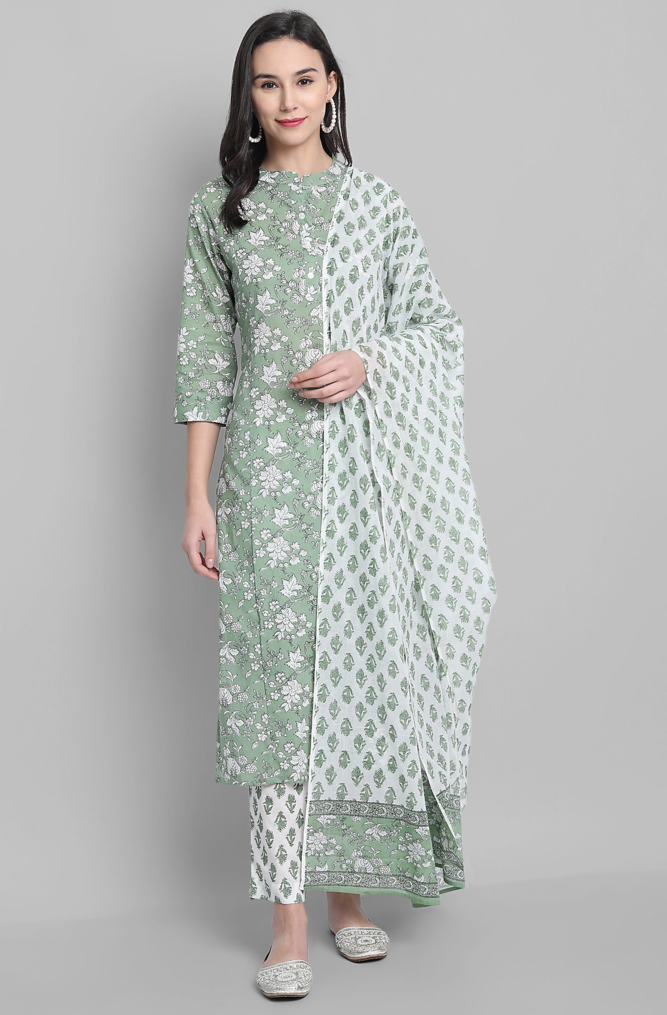 Janasya Women's Light Green Cotton Floral Print Kurta With Pant And Dupatta | Grocsy