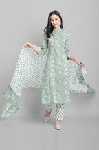 Janasya Women's Light Green Cotton Floral Print Kurta With Pant And Dupatta | Grocsy