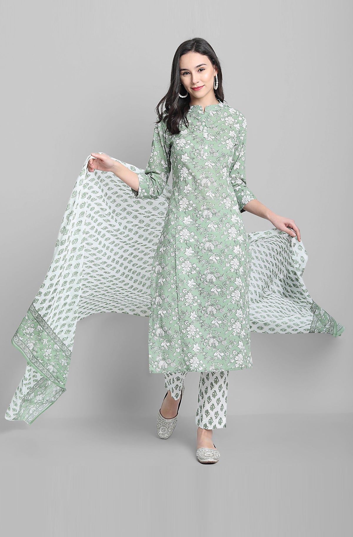 Janasya Women's Light Green Cotton Floral Print Kurta With Pant And Dupatta | Grocsy