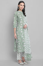 Janasya Women's Light Green Cotton Floral Print Kurta With Pant And Dupatta | Grocsy