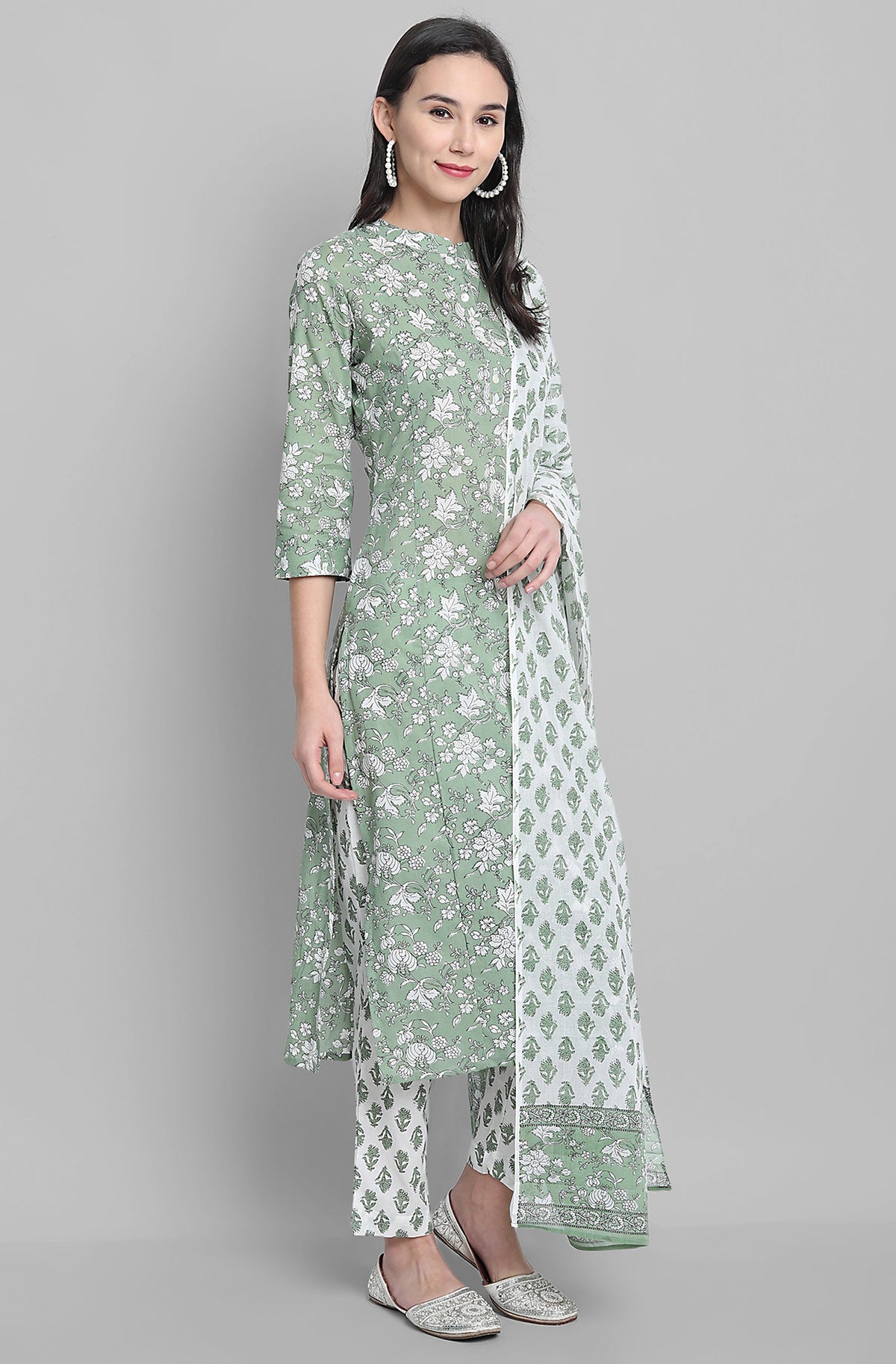 Janasya Women's Light Green Cotton Floral Print Kurta With Pant And Dupatta | Grocsy