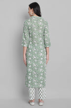 Janasya Women's Light Green Cotton Floral Print Kurta With Pant And Dupatta | Grocsy